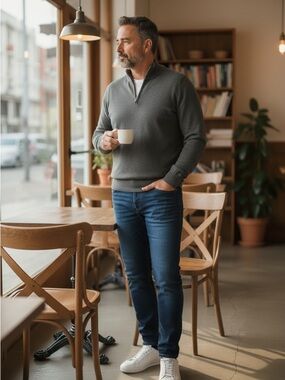 Gran Sasso Italy Wool Cashmere Sweater Men’s Large Gray Elbow Patch Quarter Zip